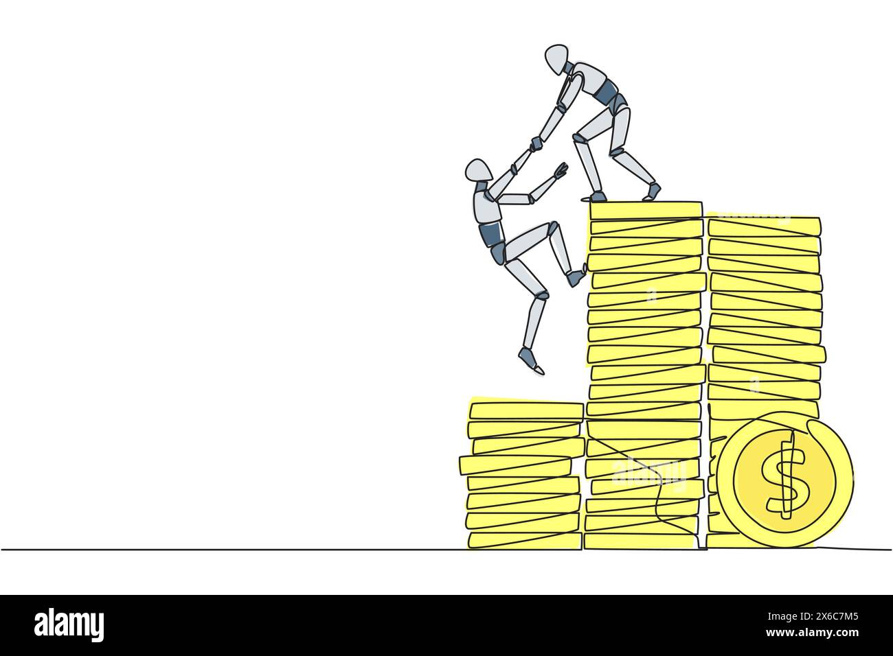 Continuous one line drawing robot helps colleague climb a pile of coins