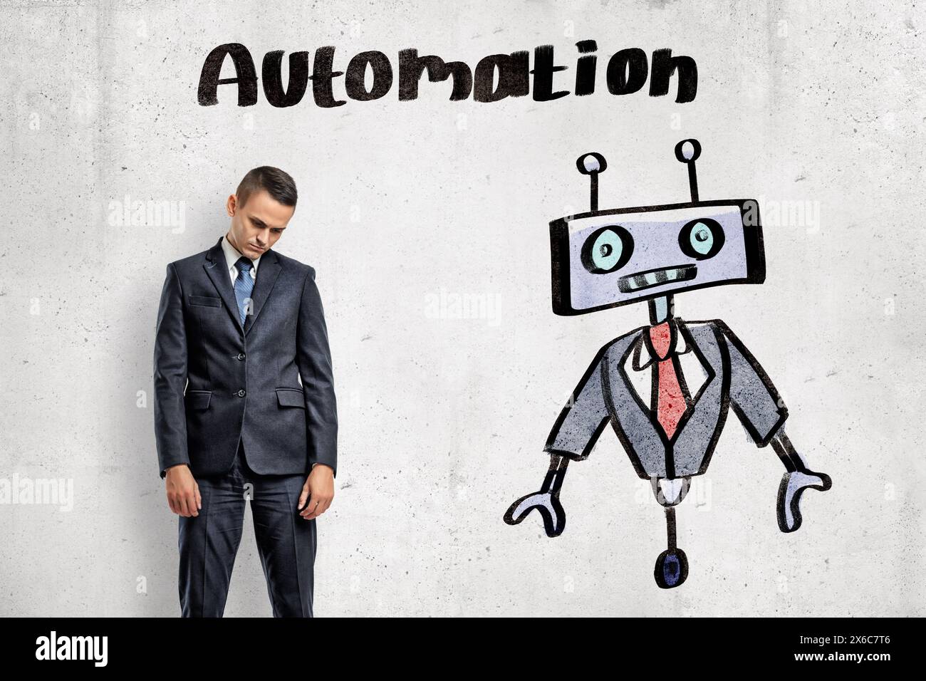 Man contemplating automation with robot Stock Photo - Alamy