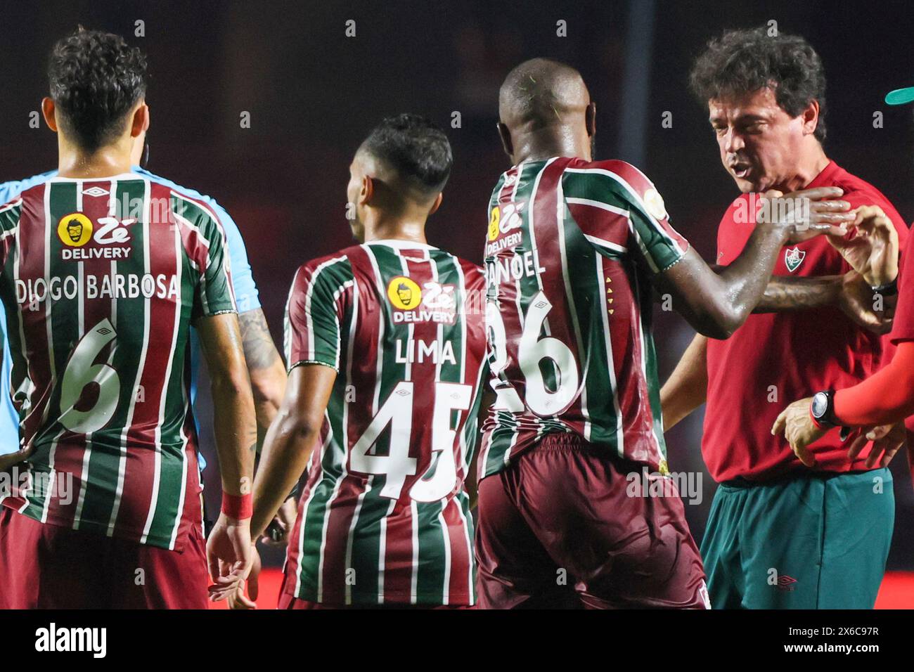 May 13, 2024, Sao Paulo, Sao Paulo, Brasil: Sao Paulo (SP), 05/13/2024 - CHAMPIONSHIP/FOOTBALL/SAO PAULO/FLUMINENSE - Coach Fernando Diniz, from Fluminense, gets involved in an argument with striker Luciano, from Sao Paulo, causing widespread confusion during the match between Sao Paulo and Fluminense, valid for the 6th round of the Brazilian Championship Series A 2024, held at the Morumbis stadium, in the capital of Sao Paulo, on Monday night (13). Referee Anderson Daronco sent off the coach of the Rio club and penalized the home team's striker with a yellow card. Sao Paulo won the match 2-1. Stock Photo