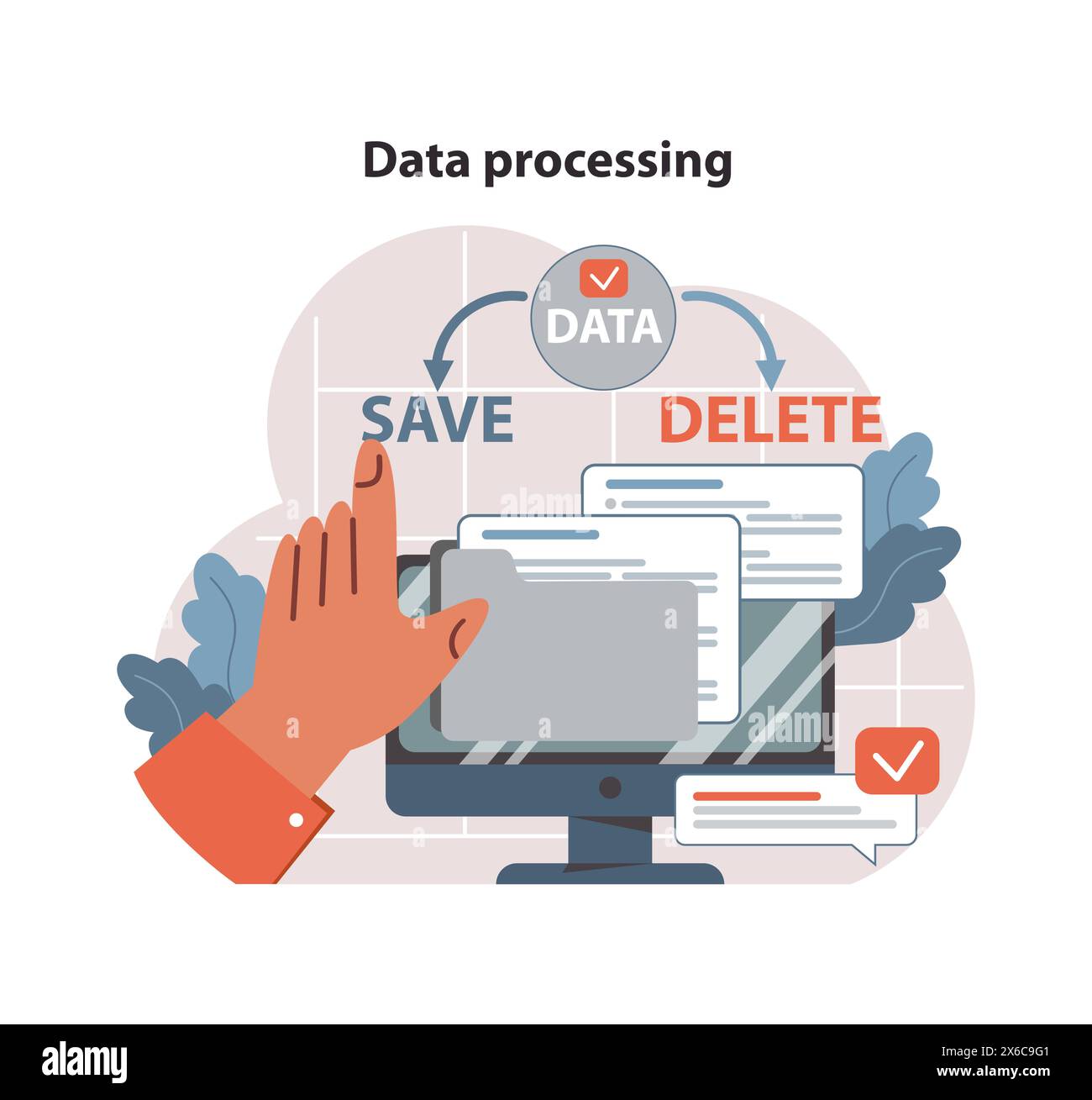 Data processing concept. Hand selecting between 'Save' and 'Delete' on ...