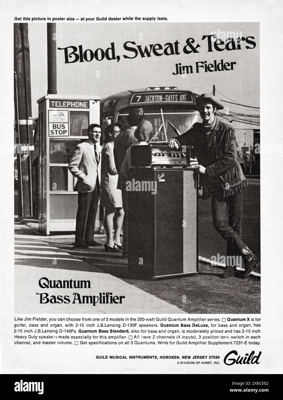 An late 1960s magazine ad for Guild's Quantum Bass Amplifier featuring bassist and co-founder of Blood Swear & Tears, Jim Fielder. Stock Photo