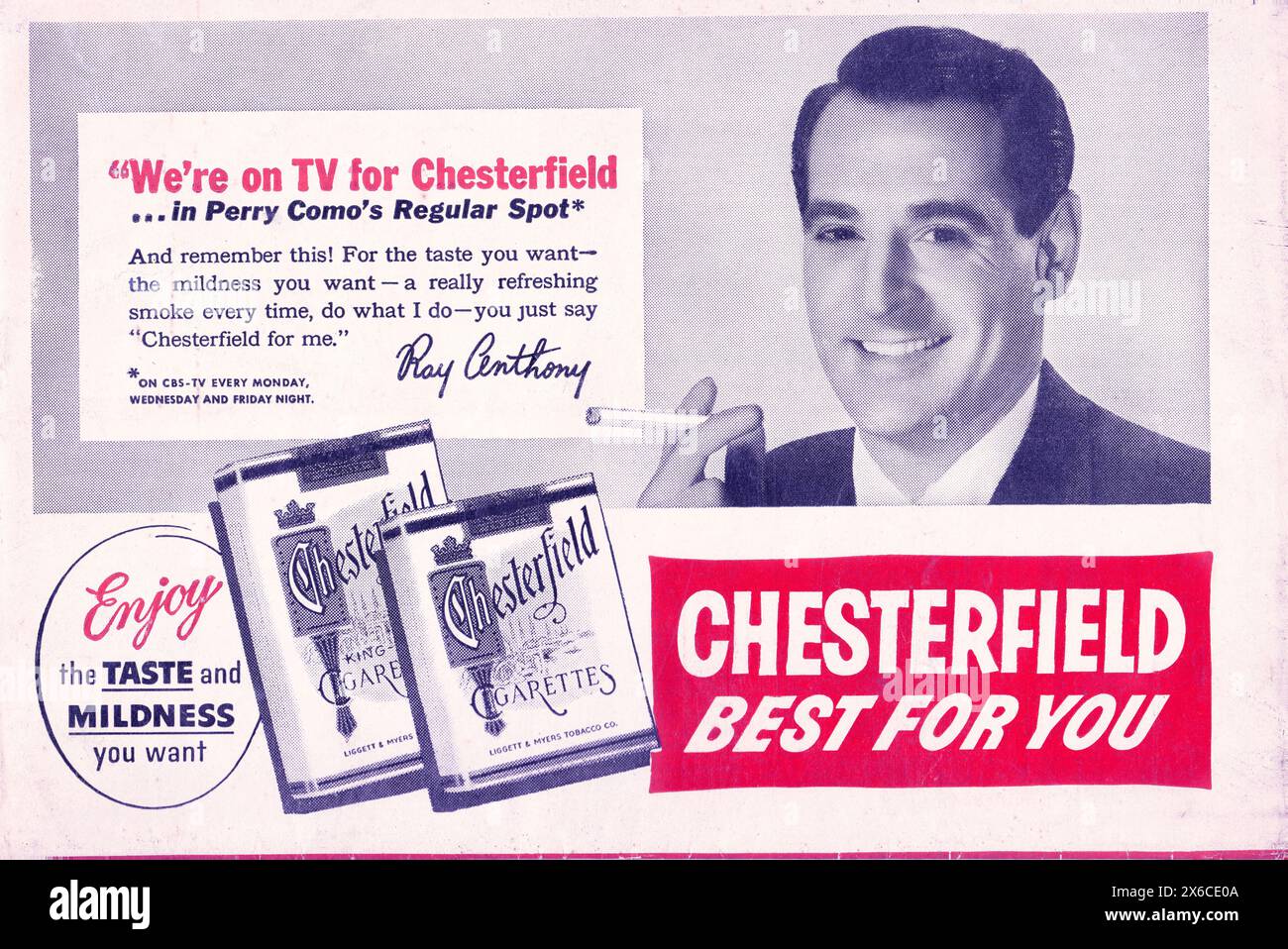 A 1954 ad for Chesterfield cigarettes featuring Ray Anthony, who was the band leader for the Perry Como show on CBS TV. Stock Photo
