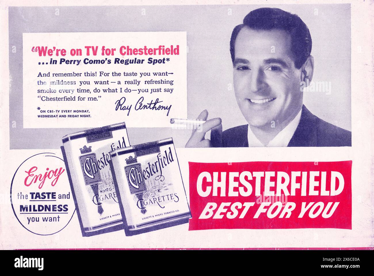 A 1954 ad for Chesterfield cigarettes featuring Ray Anthony, who was