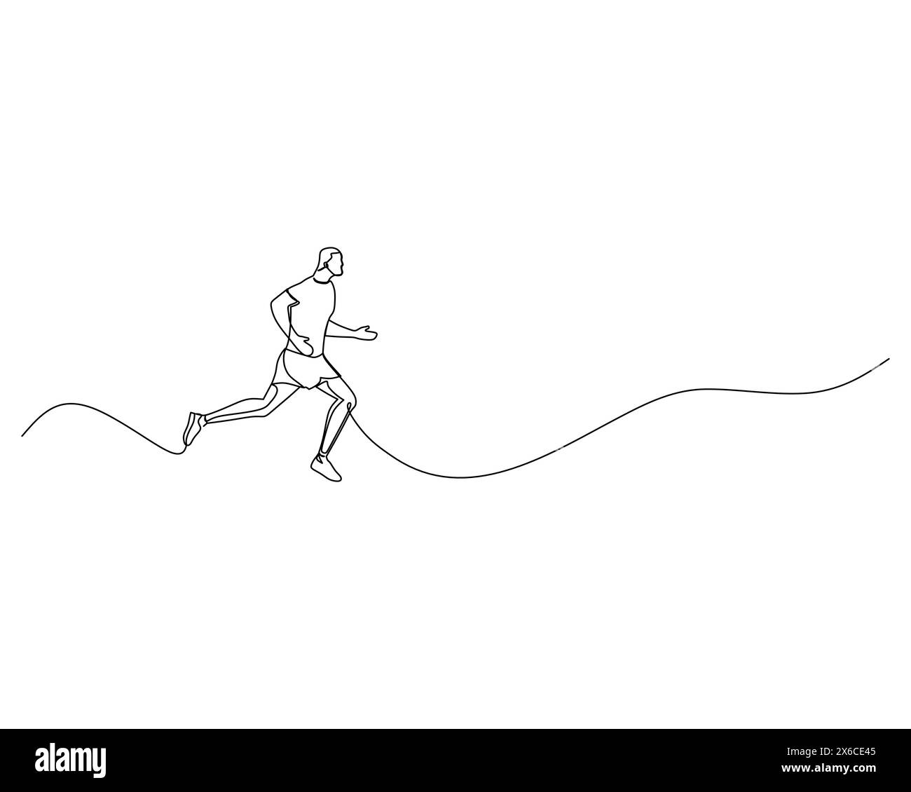 Continuous single line drawing of young man running in the morning on an uphill track. Healthy sport training concept. Design vector illustration Stock Vector
