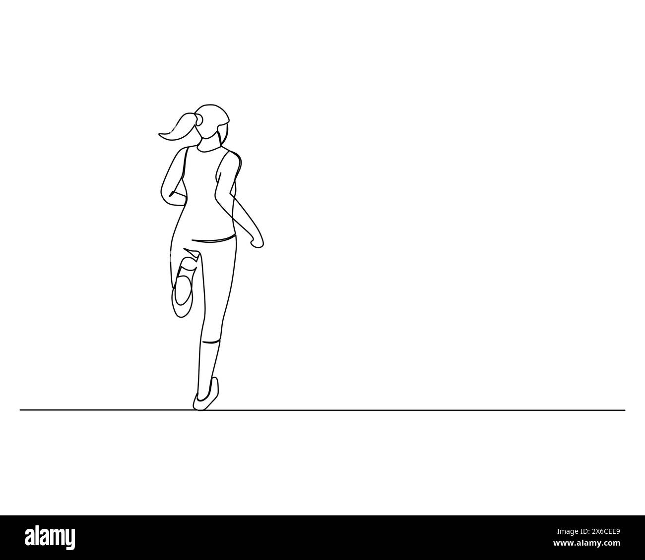 Continuous single line drawing of view from behind of a young woman jogging to get the ideal body. Healthy sport training concept. Design vector Stock Vector