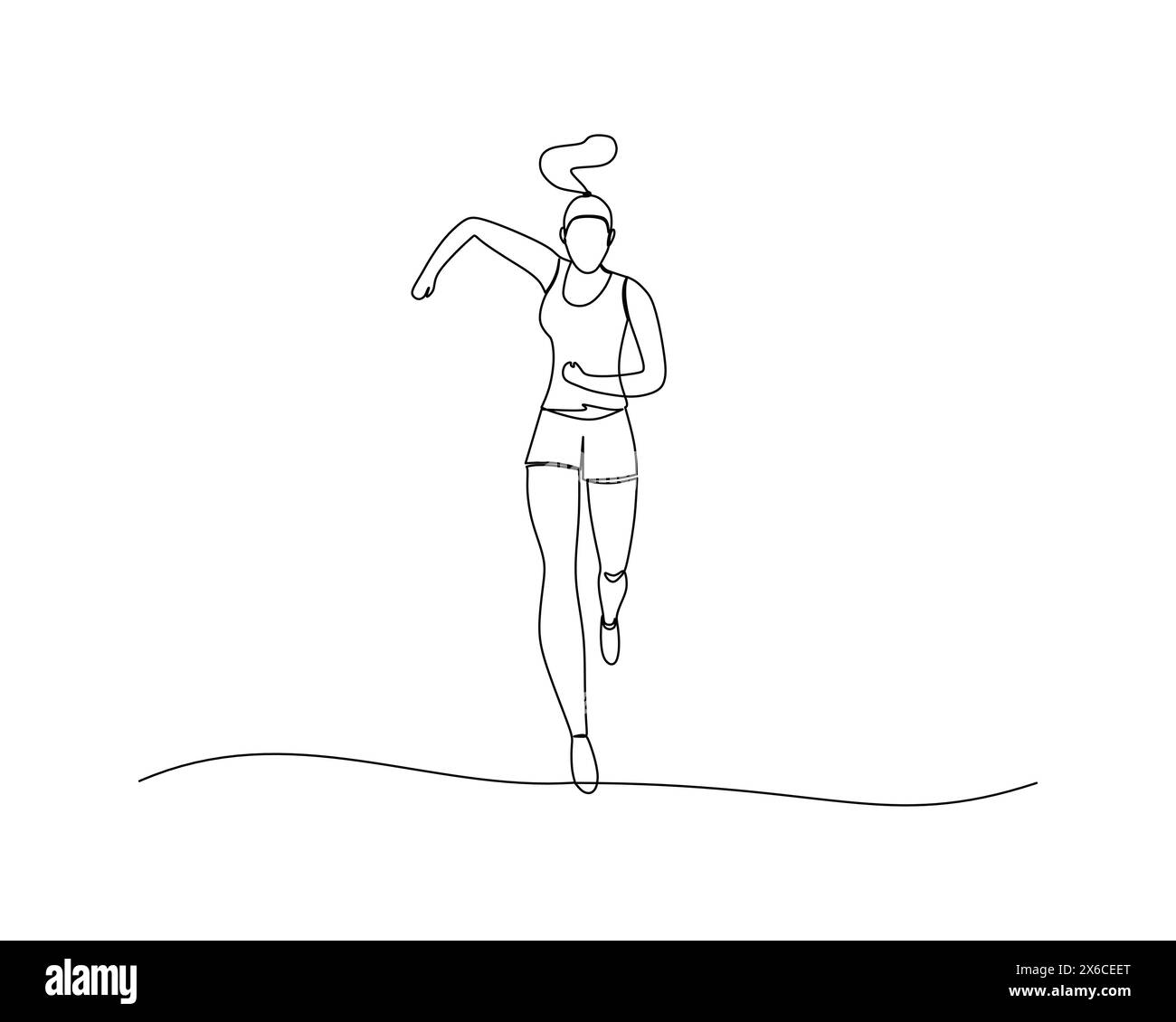 Continuous single line drawing of front view of a young woman jogging to be healthier. Healthy sport training concept design vector illustration Stock Vector