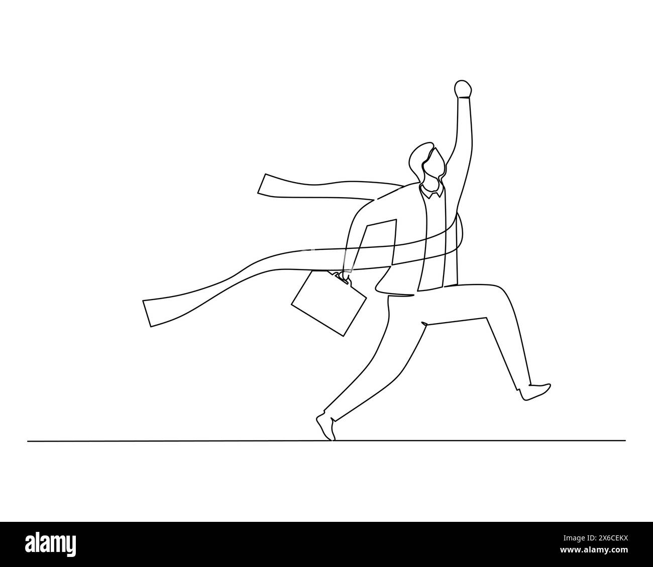 Continuous single line drawing of the man in the suit and carrying a suitcase reached the finish line in first place in the running race Stock Vector