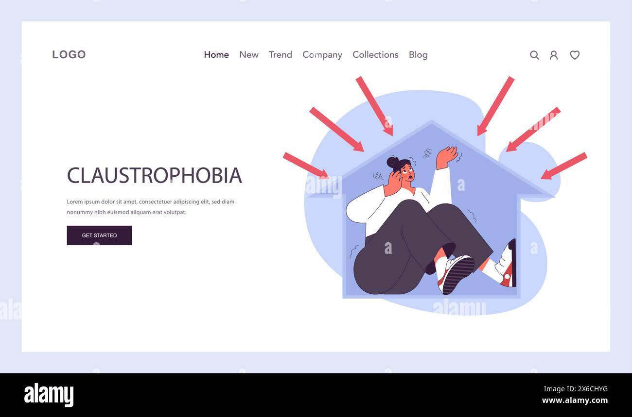Claustrophobia web banner or landing page. Human's irrational inner fears and panic. Mental disorder, feeling of threat and danger. Flat vector illustration Stock Vector