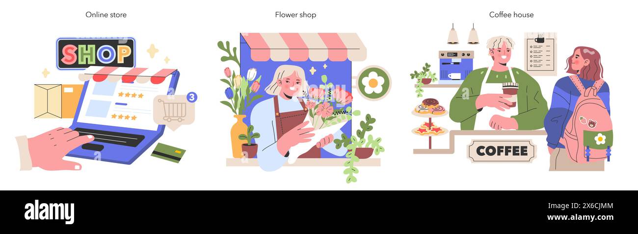 Digital and Traditional Small Business set Navigating the e-commerce realm, blooming flower shops, and cozy coffee houses The essence of modern entrepreneurship Vector illustration Stock Vector