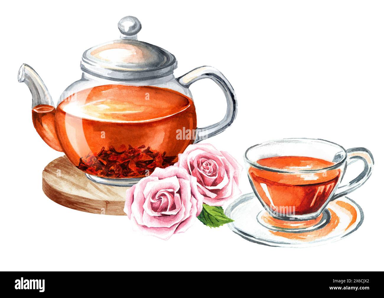 Glass tea set with teapot and cup. Hand drawn watercolor illustration ...