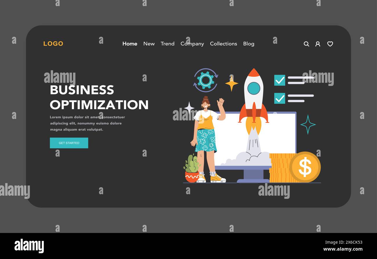 Business Optimization concept. Woman waves beside soaring rocket, gears ...
