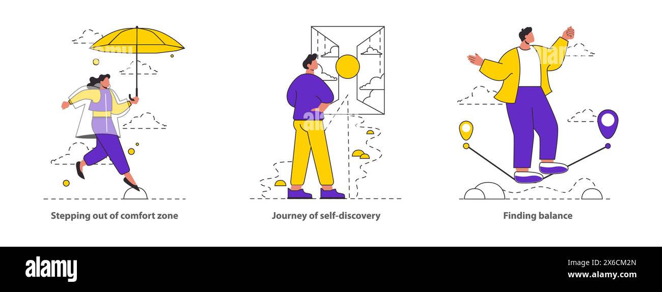 Self-Discovery Journey set Illustrations of venturing beyond comfort ...