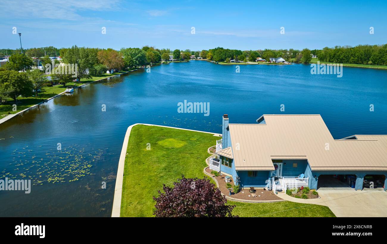 Aerial View of Tranquil Waterfront Suburban Homes in Warsaw, Indiana