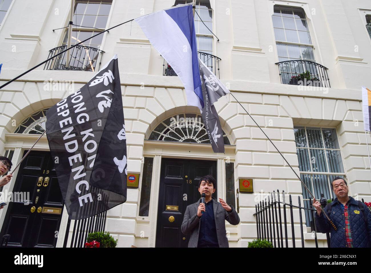 London, UK. 14th May 2024. UK Hong Kongers and supporters staged a protest outside the Hong Kong Economic and Trade Office (HKETO) in London against the Chinese Government’s alleged spying and repression activities, following the arrest of three people on charges of spying for Hong Kong. Credit: Vuk Valcic/Alamy Live News Stock Photo