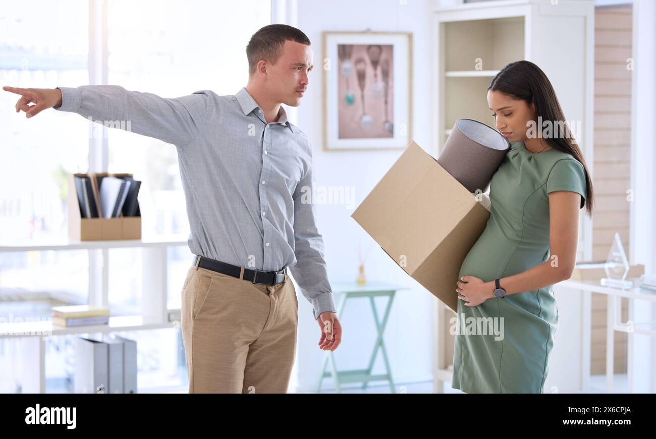 Boss, man and dismissal pregnant woman in office with box, sad and discrimination with inequality in workplace. Business people, manager and fire Stock Photo