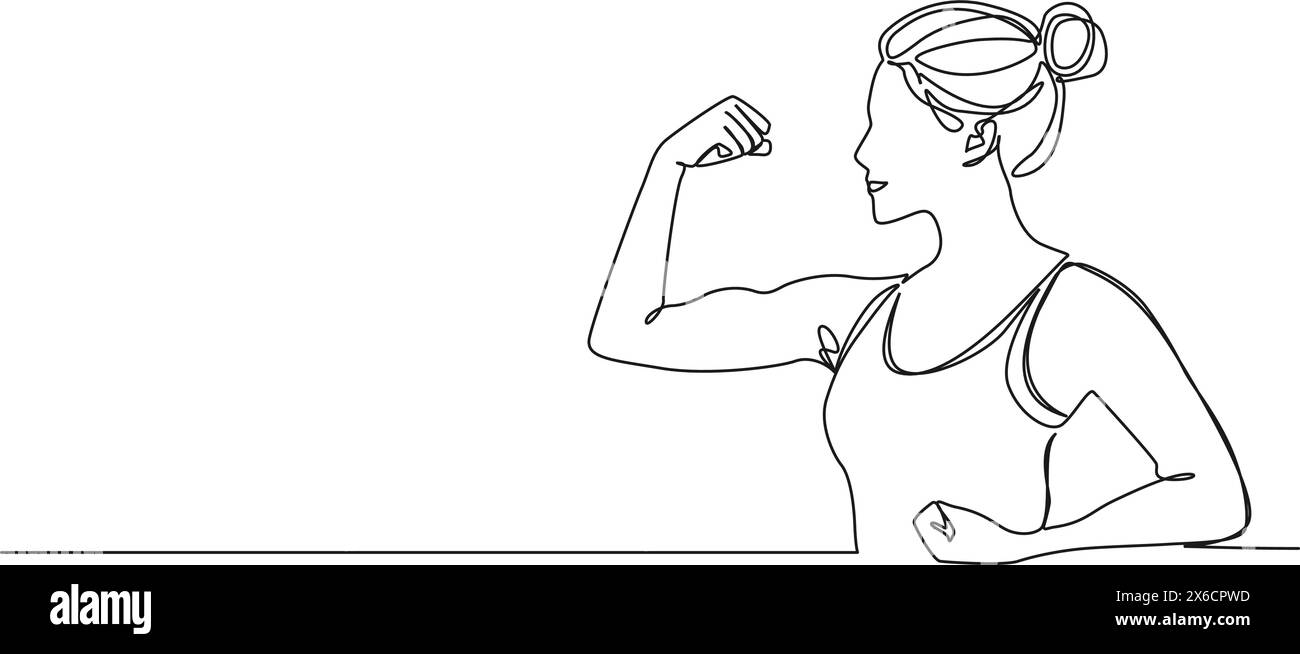 continuous single line drawing of woman flexing arm muscles, line art