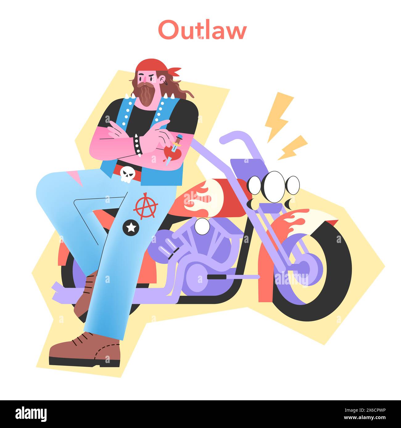Outlaw Archetype illustration. A rebellious biker exudes freedom and nonconformity, with a thunderous motorcycle backdrop. Edgy and bold vector design. Stock Vector