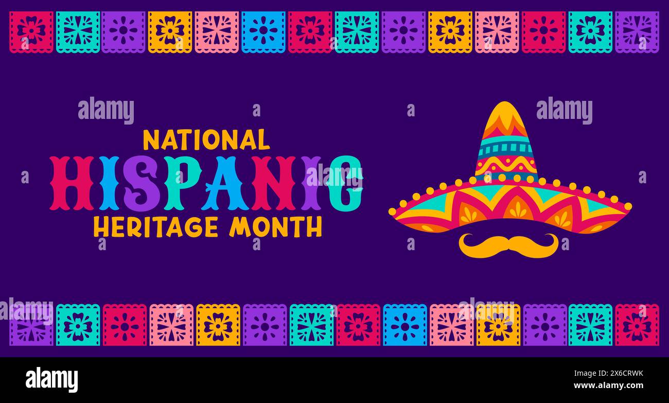 Papel picado paper cut flags and sombrero hat on national Hispanic heritage month, vector banner Mexican culture, traditions and art banner of Latin Americans folk heritage with ethnic ornament Stock Vector