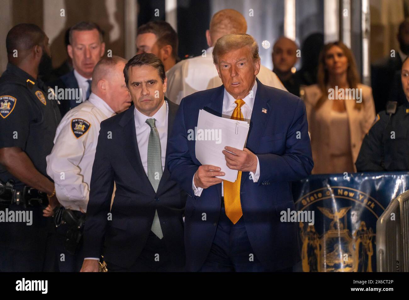 New York, United States. 14th May, 2024. Former President Donald Trump arrives for his trial at Manhattan Criminal Court in New York on Tuesday, May 14, 2024. Michael Cohen, a one-time fixer and personal attorney to Trump, is expected to continue testifying in the hush-money criminal trial against the former president. Pool photo by Mark Peterson/UPI Credit: UPI/Alamy Live News Stock Photo