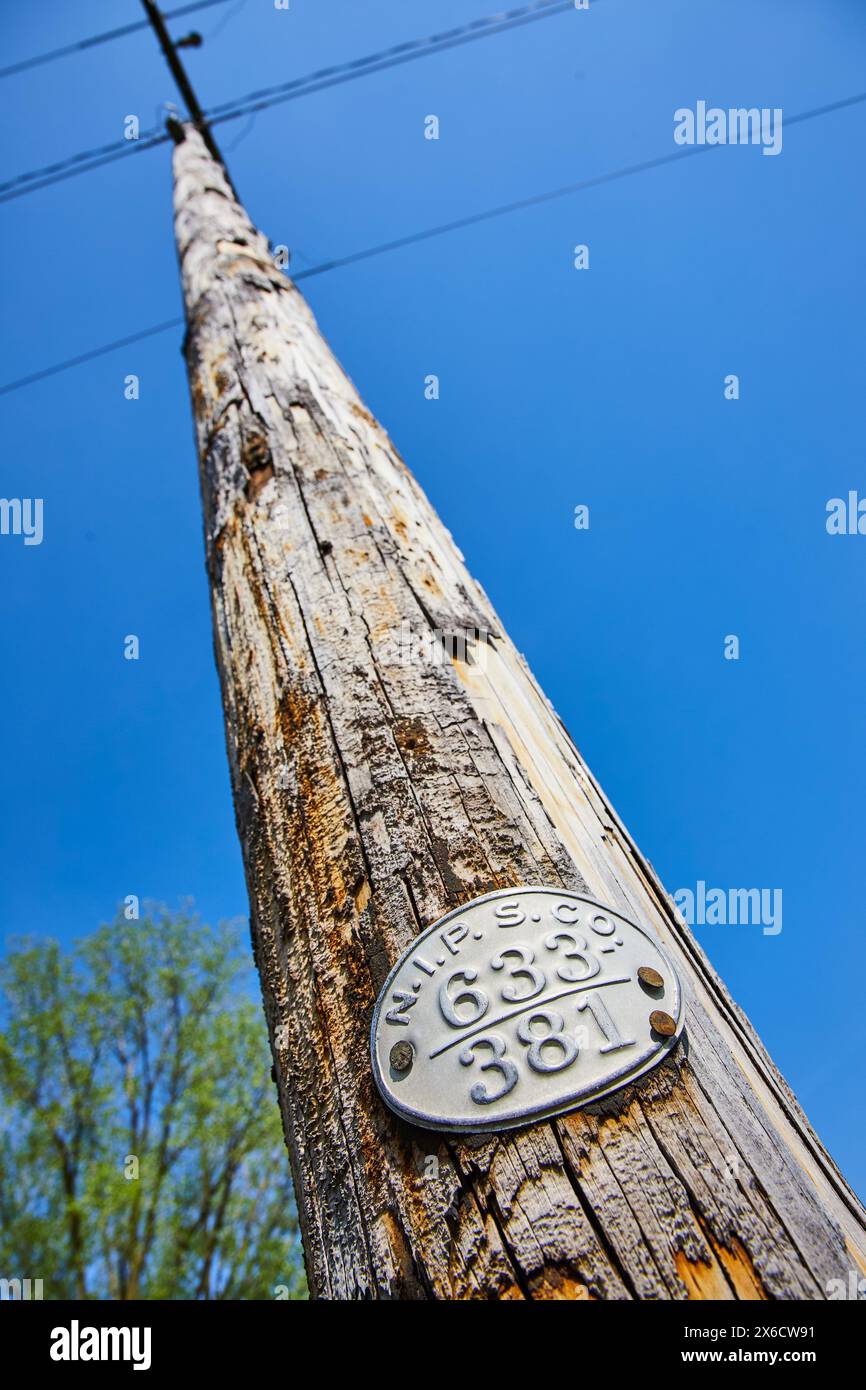 Weathered Utility Pole with Identifier Tag Against Blue Sky, Upward ...