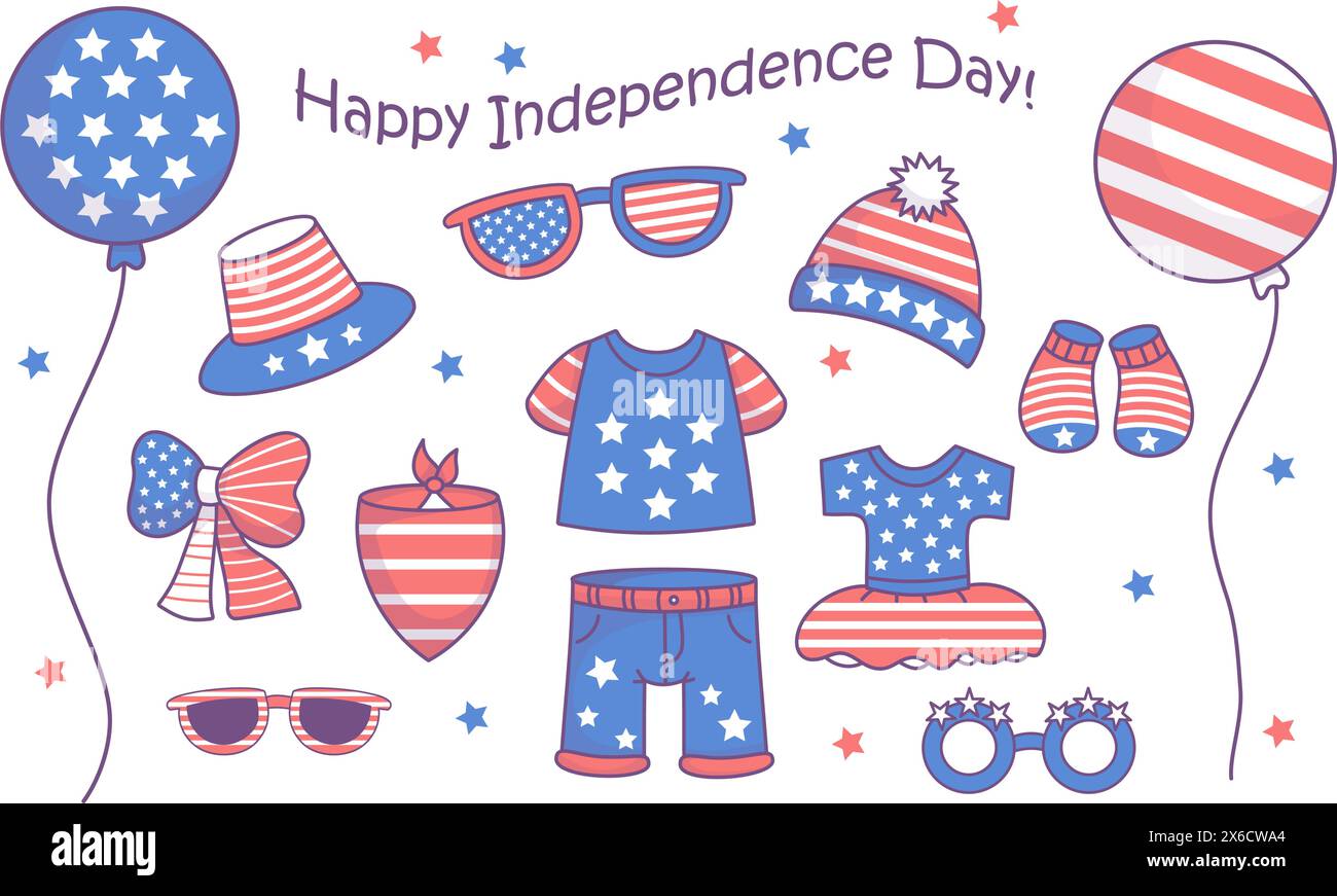 Independence Day holiday set. Cute festive patriotic dog clothes, accessories, party decorations, balloon, dress, socks, hat, bow in American flag col Stock Vector