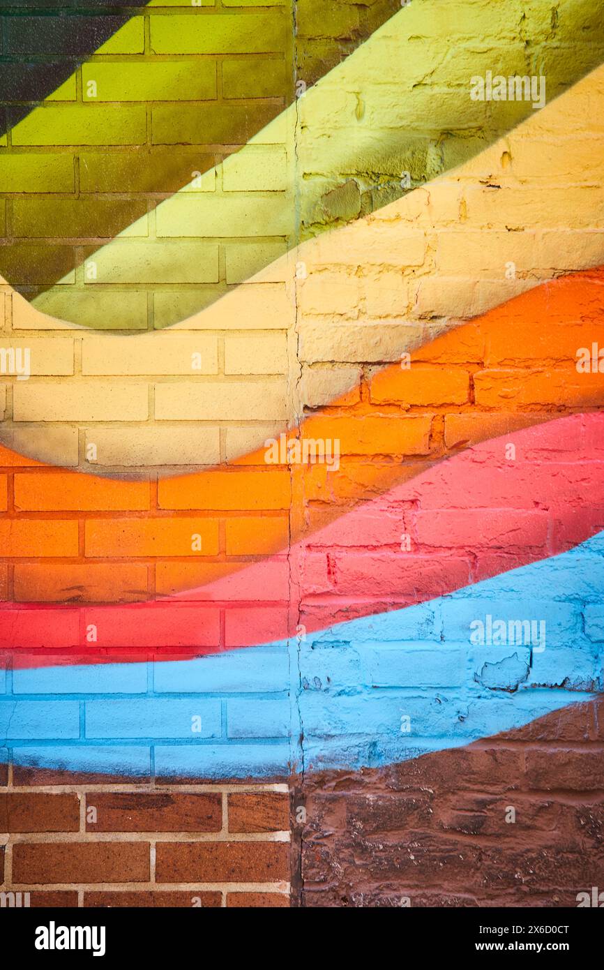 Colorful Geometric Mural on Brick Wall, Urban Art CloseUp Stock Photo