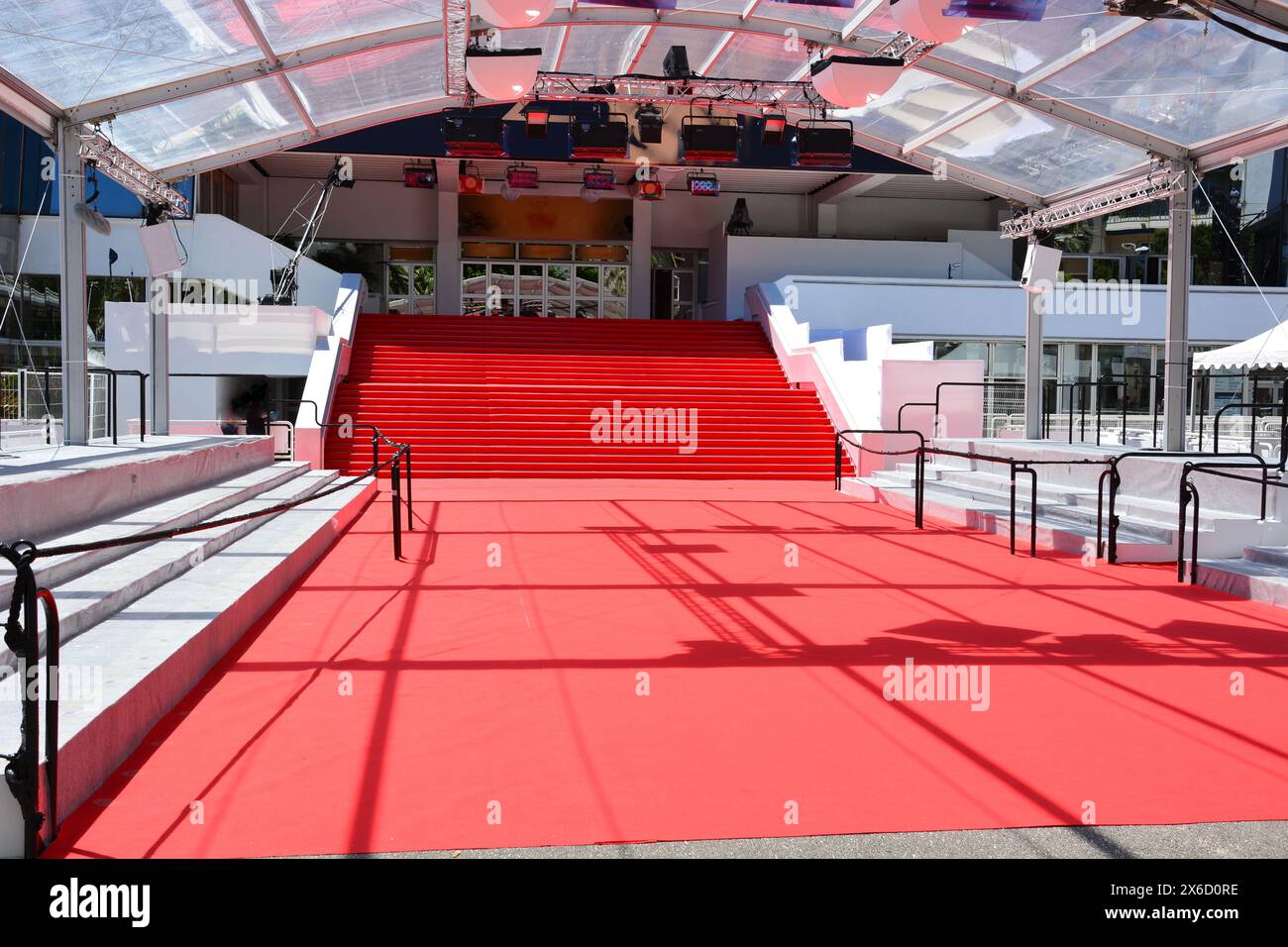 France, french riviera, Cannes, the stairs of the festival palace with the famous red carpet for the International Film Festival. Stock Photo