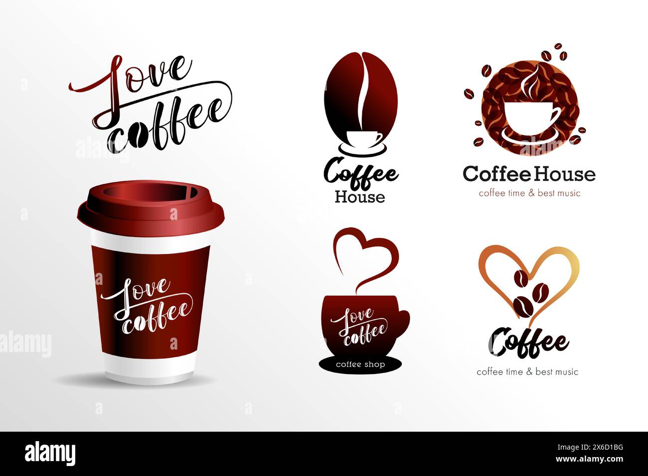 Set of coffee shop logo with takeaway coffee cup concept. Realistic 3d paper cup, coffee to go take out mug. Brand of cafe, vector illustration Stock Vector
