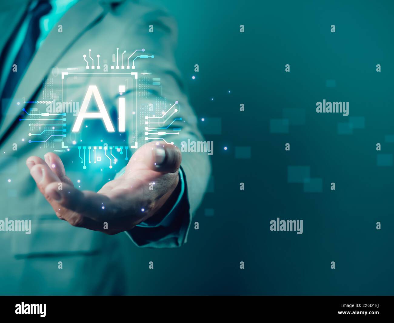 Businessman hand showing AI chip represents Artificial intelligence innovation and global online network connection for access to digital service, Cyb Stock Photo