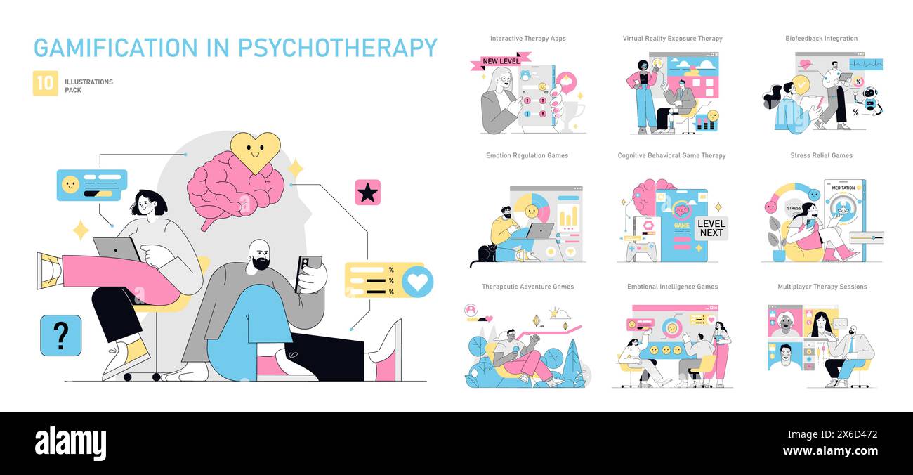 Gamification in Psychotherapy set. Digital tools enhance therapy ...