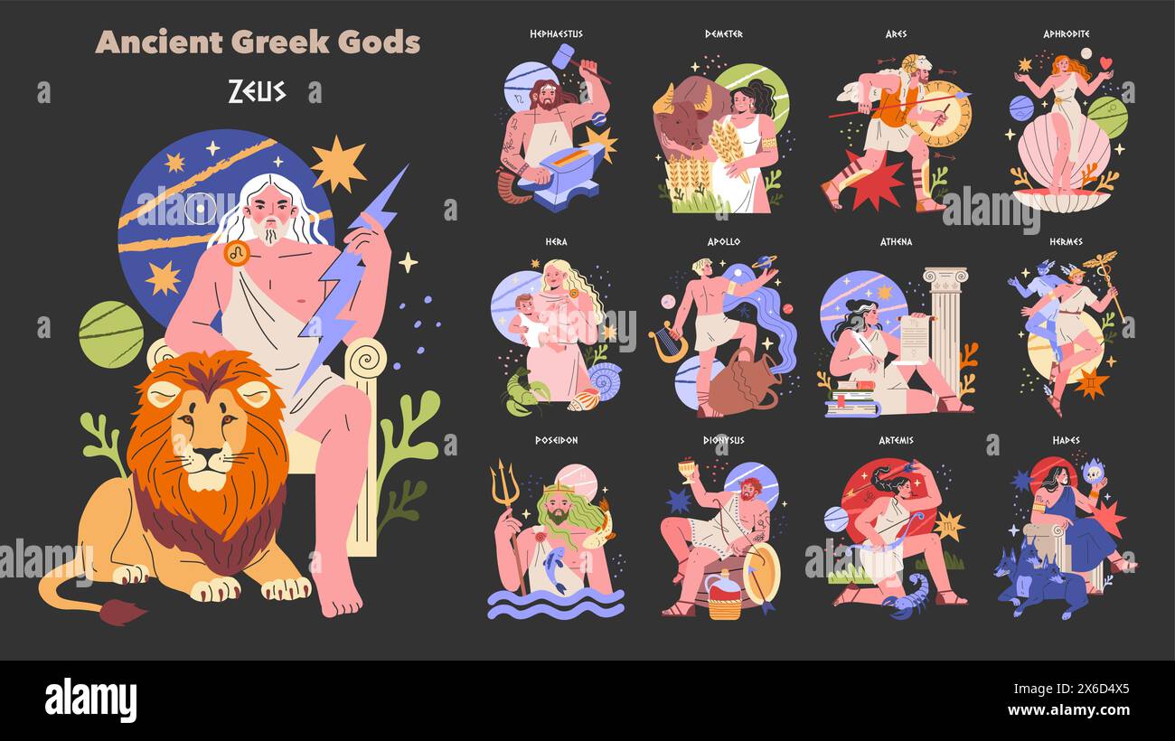 Ancient Greek Gods set. Colorful portrayals of mythological deities with symbolic attributes. Myth, legend, and culture intertwine. Vector illustration. Stock Vector