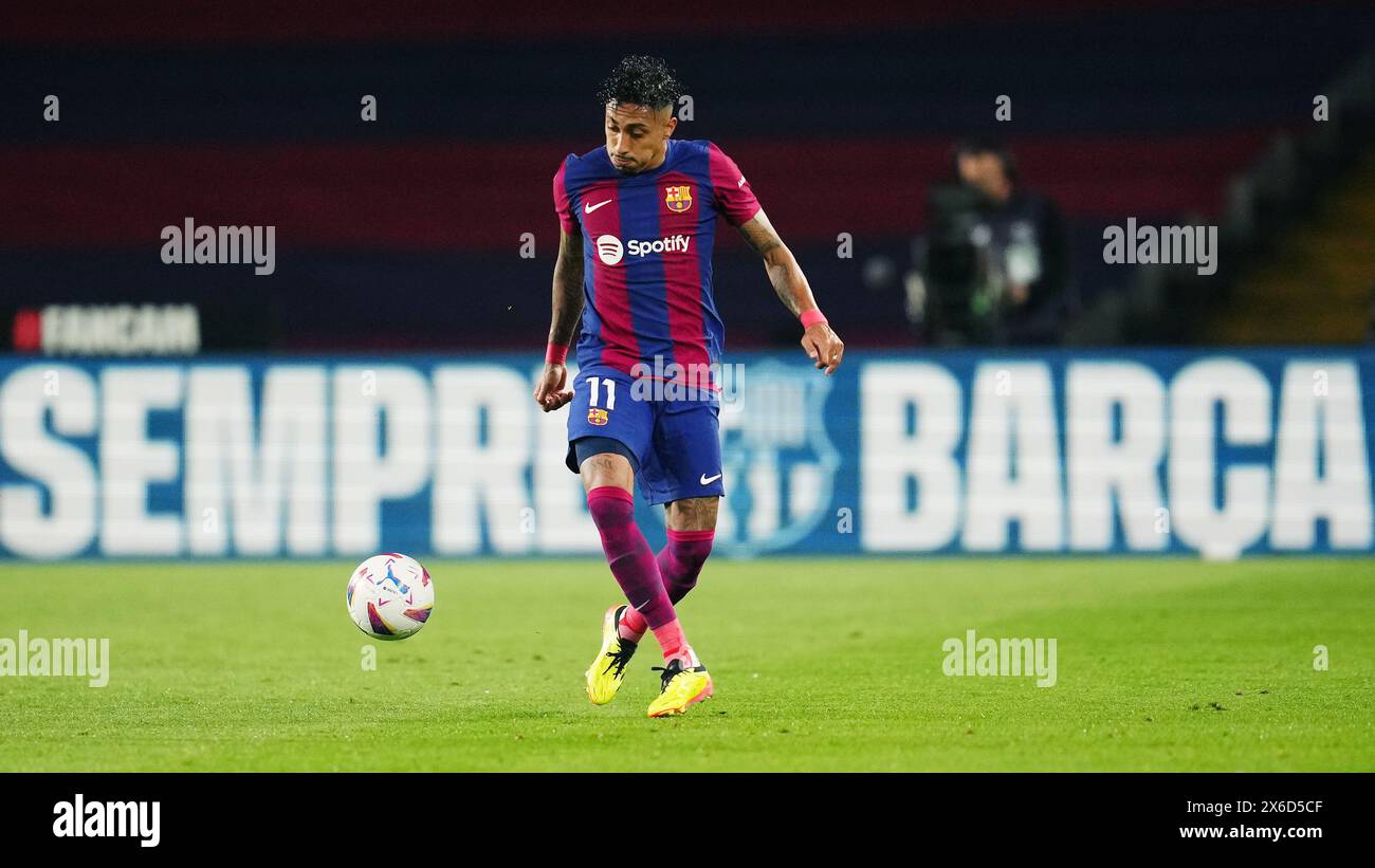 Barcelona, Spain. 13th May, 2024. Raphael Dias Belloli Raphinha of FC Barcelona during the La Liga EA Sports match between FC Barcelona and Real Sociedad played at Lluis Companys Stadium on May 13, 2024 in Barcelona, Spain. (Photo by Sergio Ruiz/PRESSINPHOTO) Credit: PRESSINPHOTO SPORTS AGENCY/Alamy Live News Stock Photo