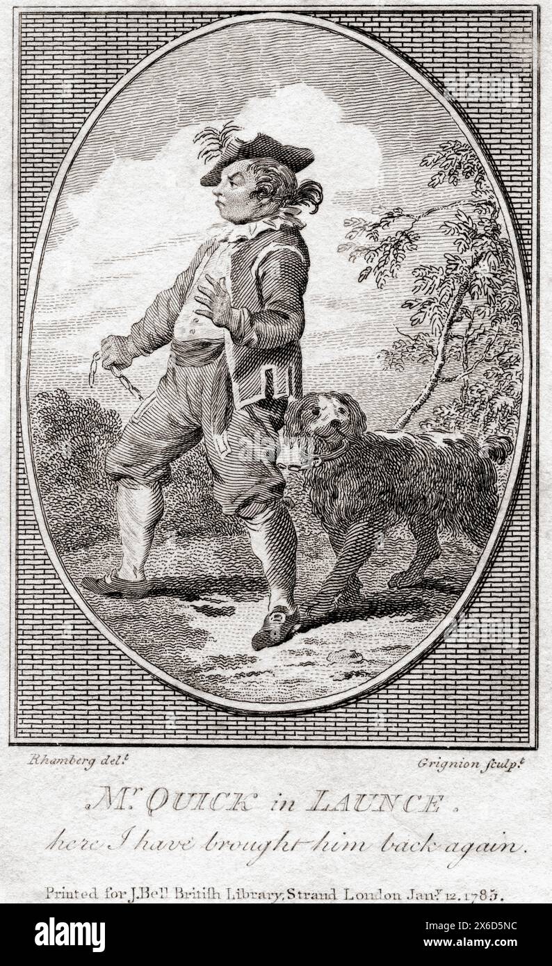 18th century illustration for Two Gentlemen of Verona, drawn by Rhamberg.  Mr. Quick in Launce: here I have brought him back again. Stock Photo