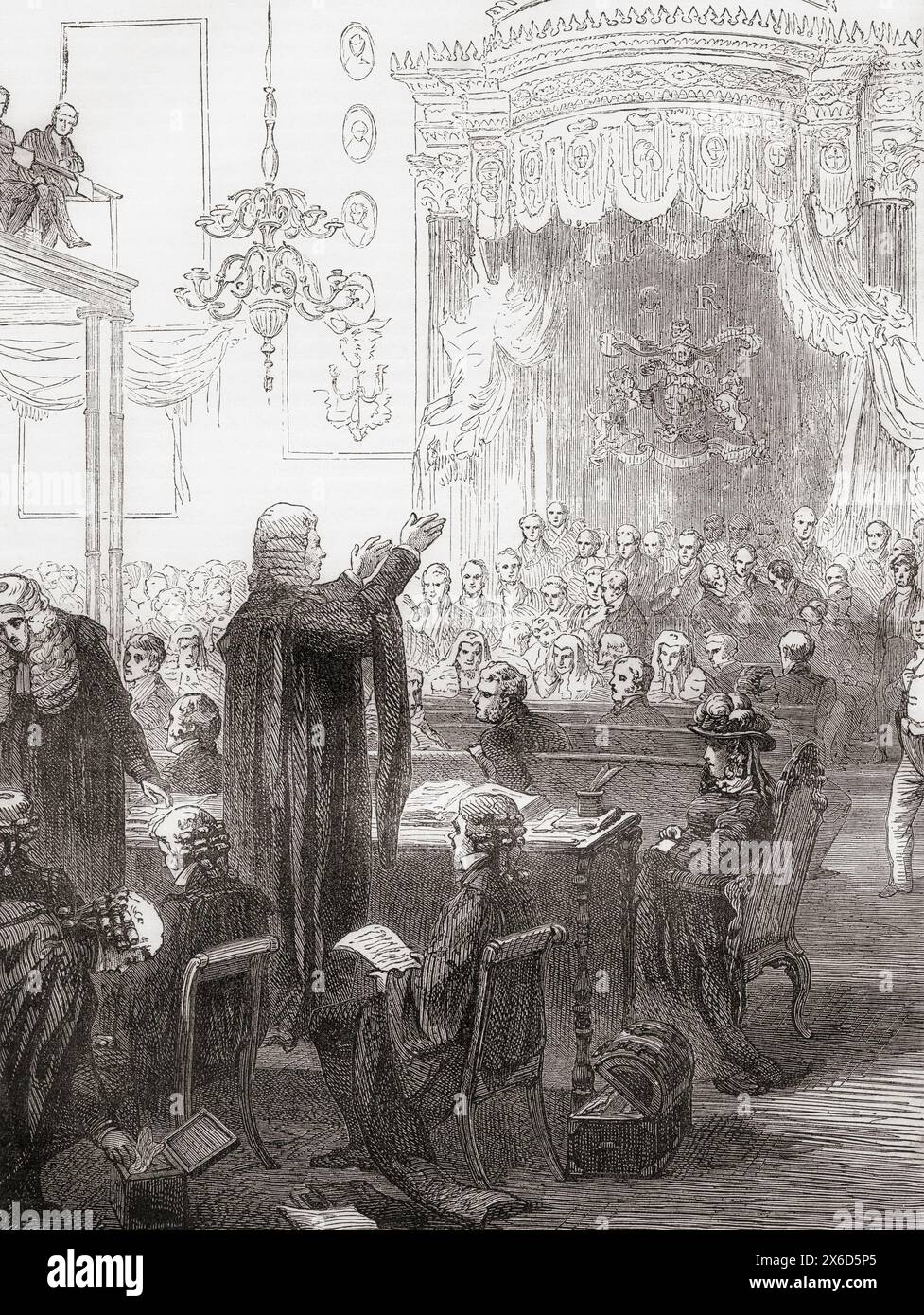 The trial of Queen Caroline, Mr Brougham's speech for the defence, 1820.  Caroline of Brunswick-Wolfenbüttel, 1768 –1821. Queen of the United Kingdom of Great Britain and Ireland and Queen of Hanover, 1820 -1821. Estranged wife of King George IV.  From Cassell's Illustrated History of England. Stock Photo