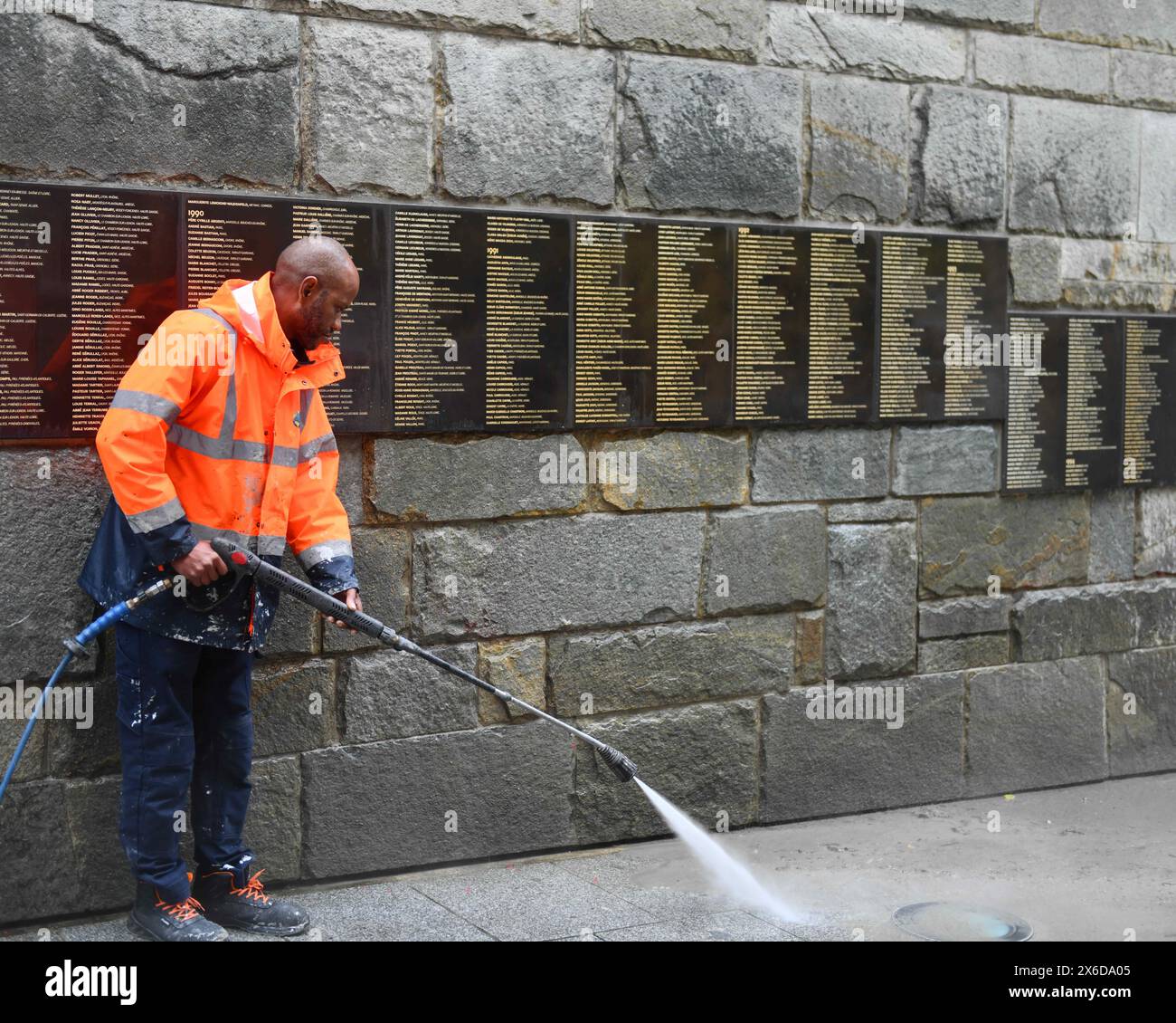 Paris, France. 14th May, 2024. A city employee is at work to clean the