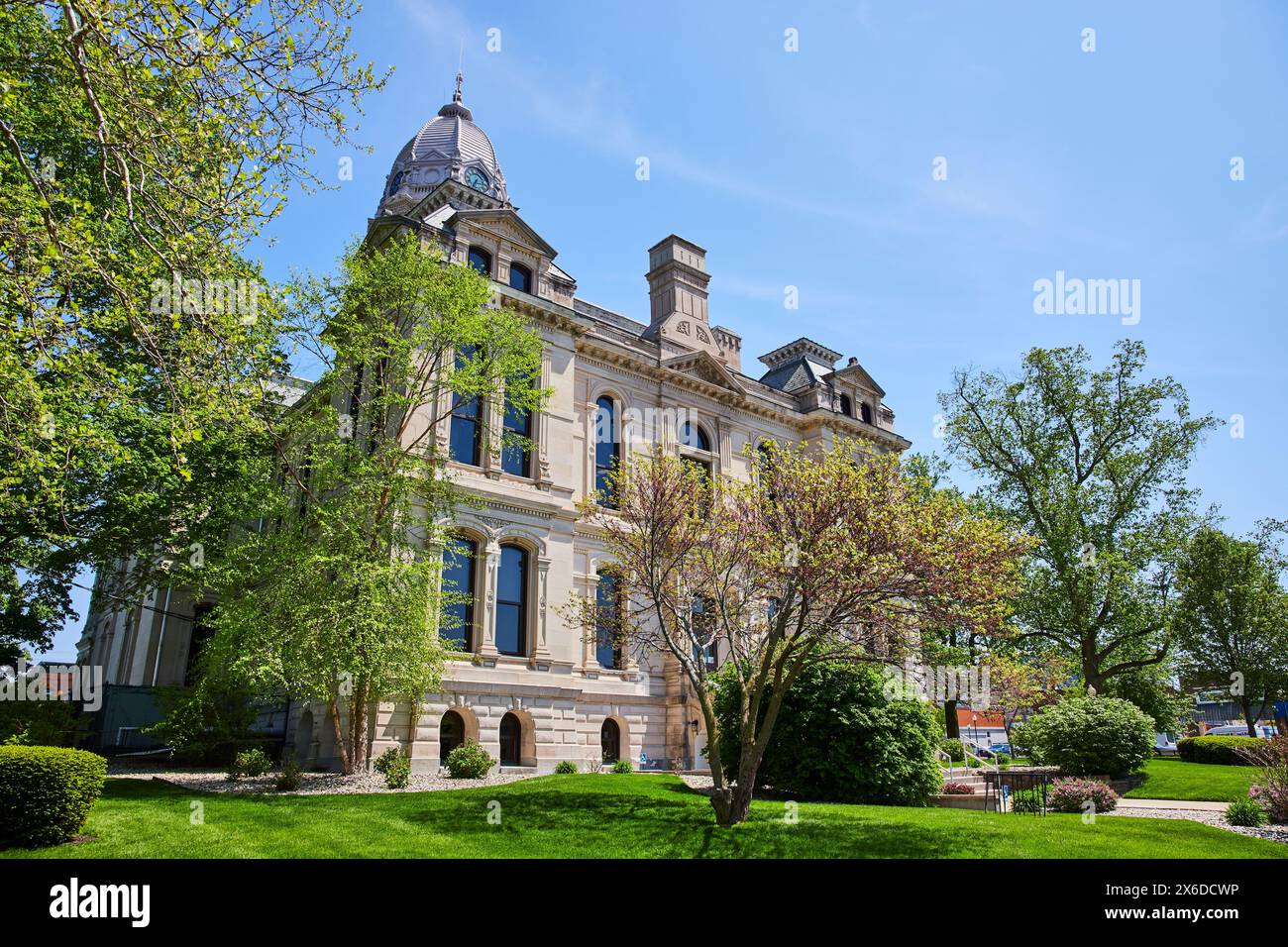 Historic Kosciusko County Courthouse with Lush Landscape, Warsaw Stock