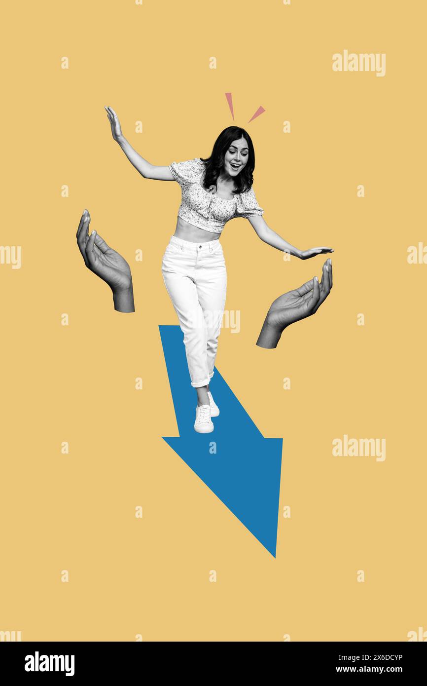 Vertical collage young walking woman risky danger overcome fear achive ...