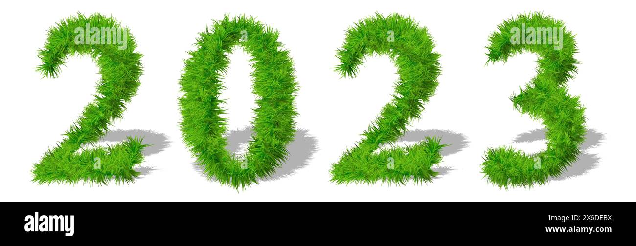 Concept conceptual 2023 year made of green summer lawn grass symbol isolated on white background. 3d illustration as a metaphor for future, nature Stock Photo
