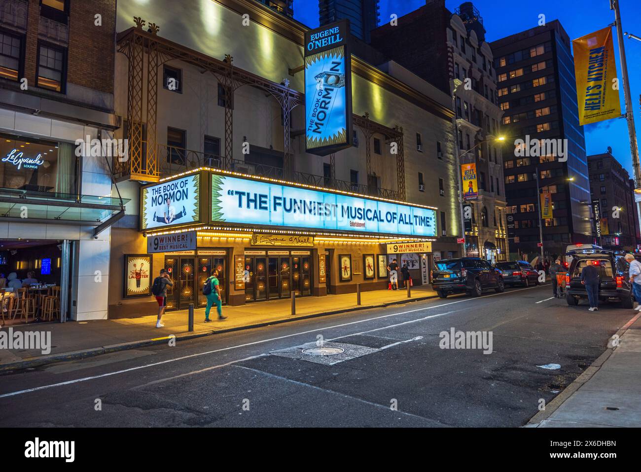 Vibrant evening view of the Eugene O’Neill Theatre on Broadway in New