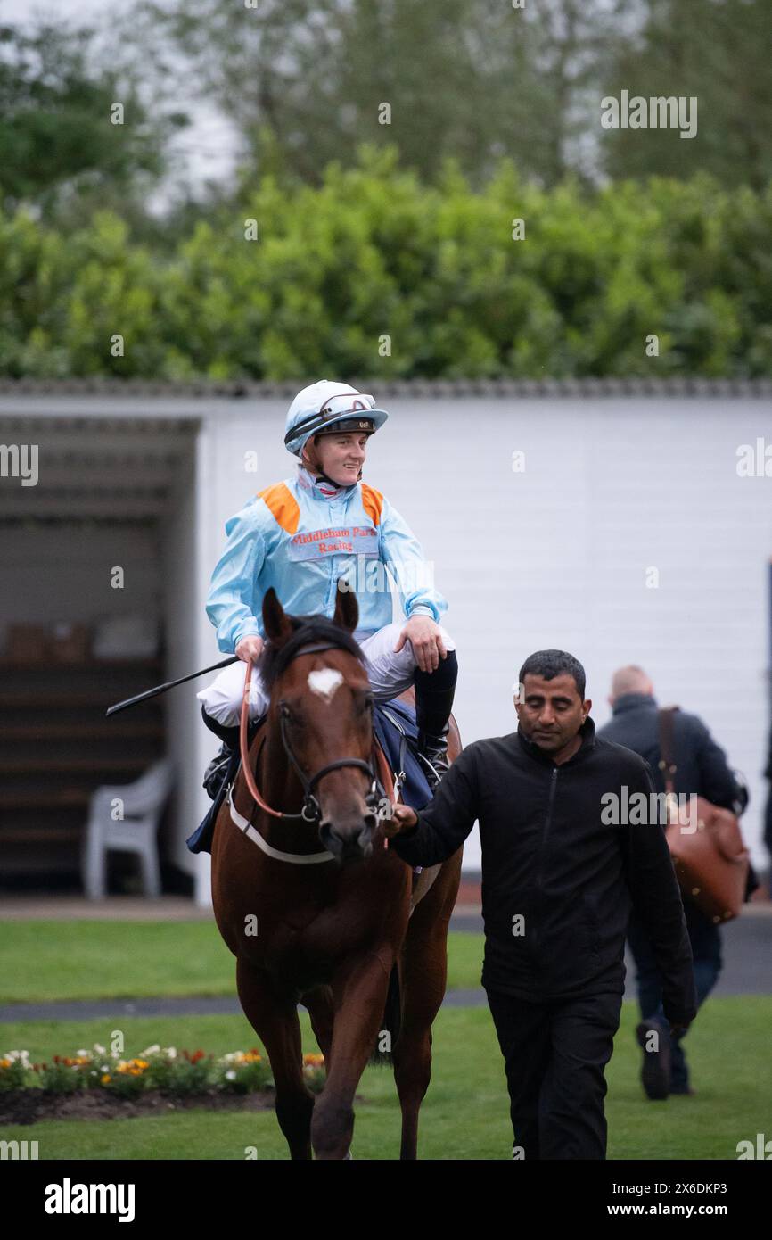 Windsor, Berkshire, UK. 13th May, 2024. Horse Inspired Knowhow ridden by jockey Hollie Doyle wins the Follow The Racing App on Twitter Handicap Stakes at Royal Windsor Racecourse in Windsor, Berkshire. Owner Middleham Park Racing & Partner, Trainer Marco Botti, Newmarket, Breeder Denniff Farms Ltd, Sponsor Middleham Park Racing. Credit: Maureen McLean/Alamy Live News Stock Photo