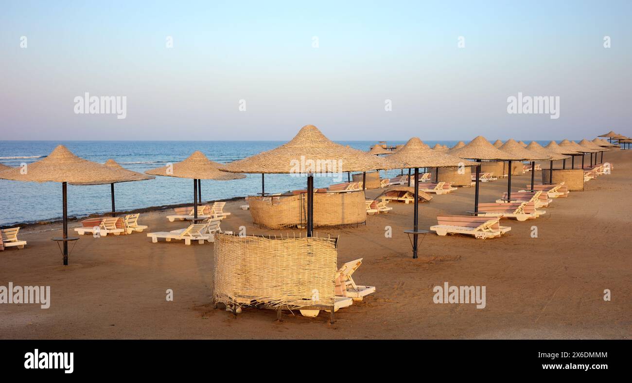 Beach with sun loungers and umbrellas at sunset, Marsa Alam region, Egypt. Stock Photo