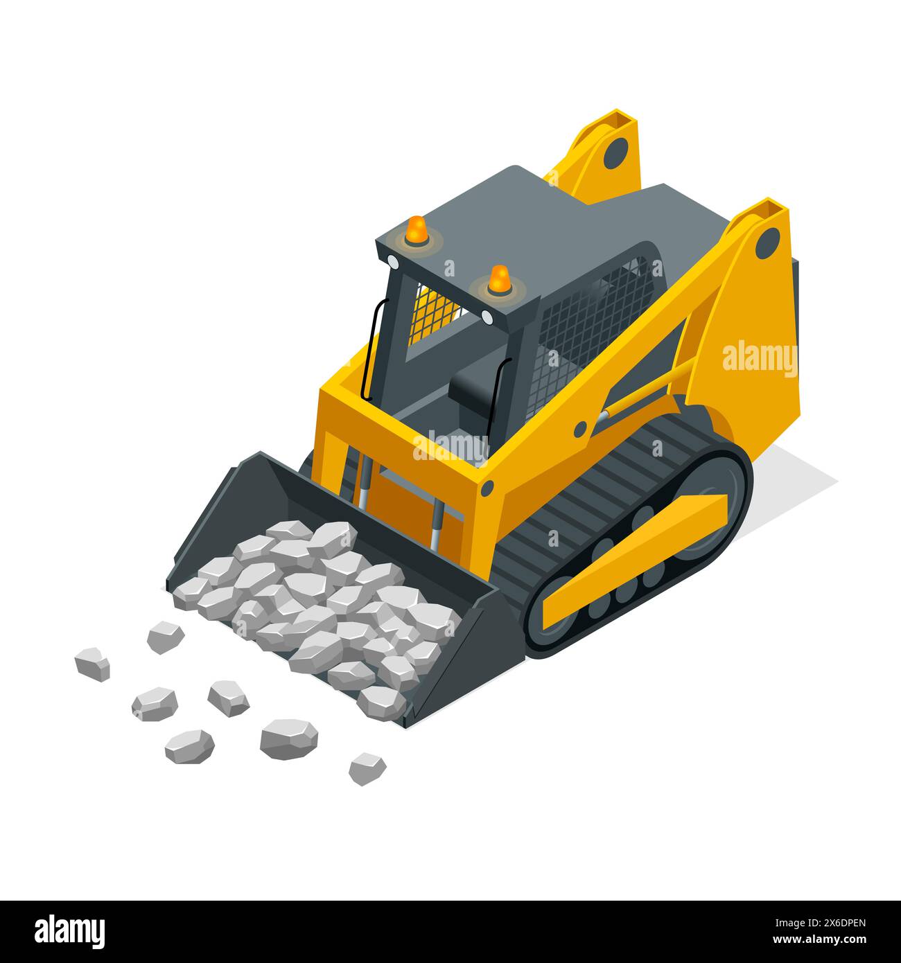 Isometric Compact Excavators. Yellow Skid Steer Loader. Stock Vector