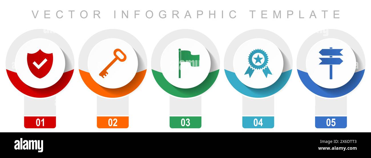 Internet icon set, miscellaneous vector icons such as shield, key, flag, badge and signpost, modern design infographic template, web buttons in 5 colo Stock Vector