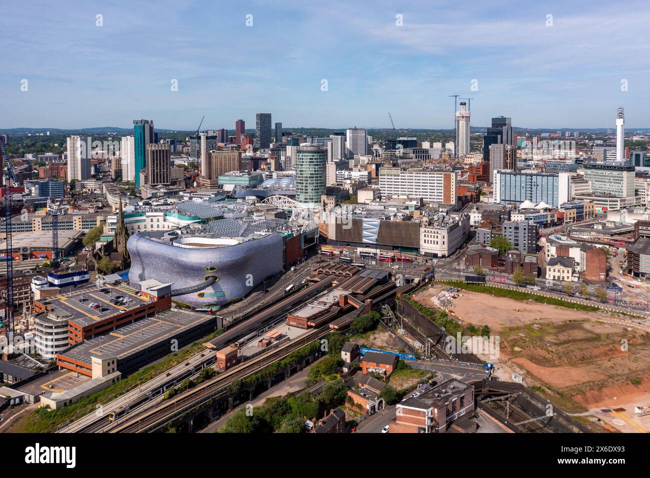 BIRMINGHAM, UK - MAY 11, 2024.  An aerial panoramic view of Birmingham city centre with the Bullring Shopping Centre and Selfridges building prominent Stock Photo