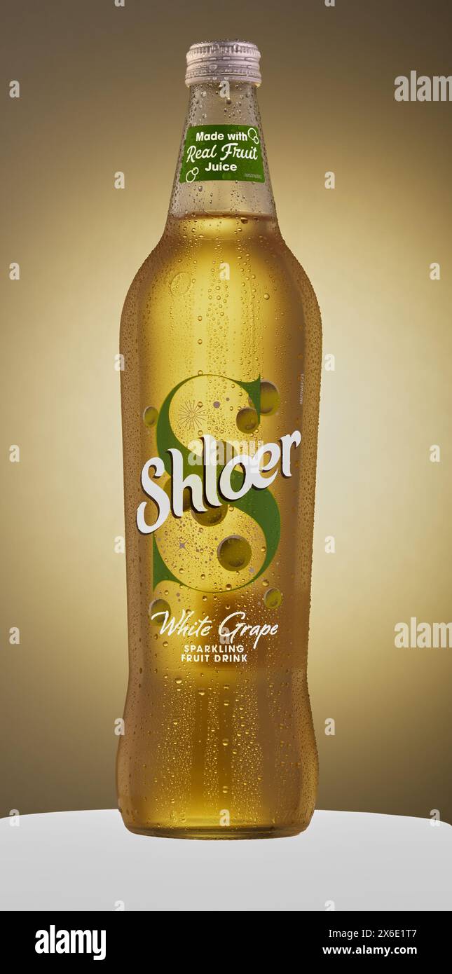 Mansfield,Nottingham,United Kingdom,15th May 2024:Studio product image of a bottle of Shloer White Grape sparkling fruit drink. Stock Photo