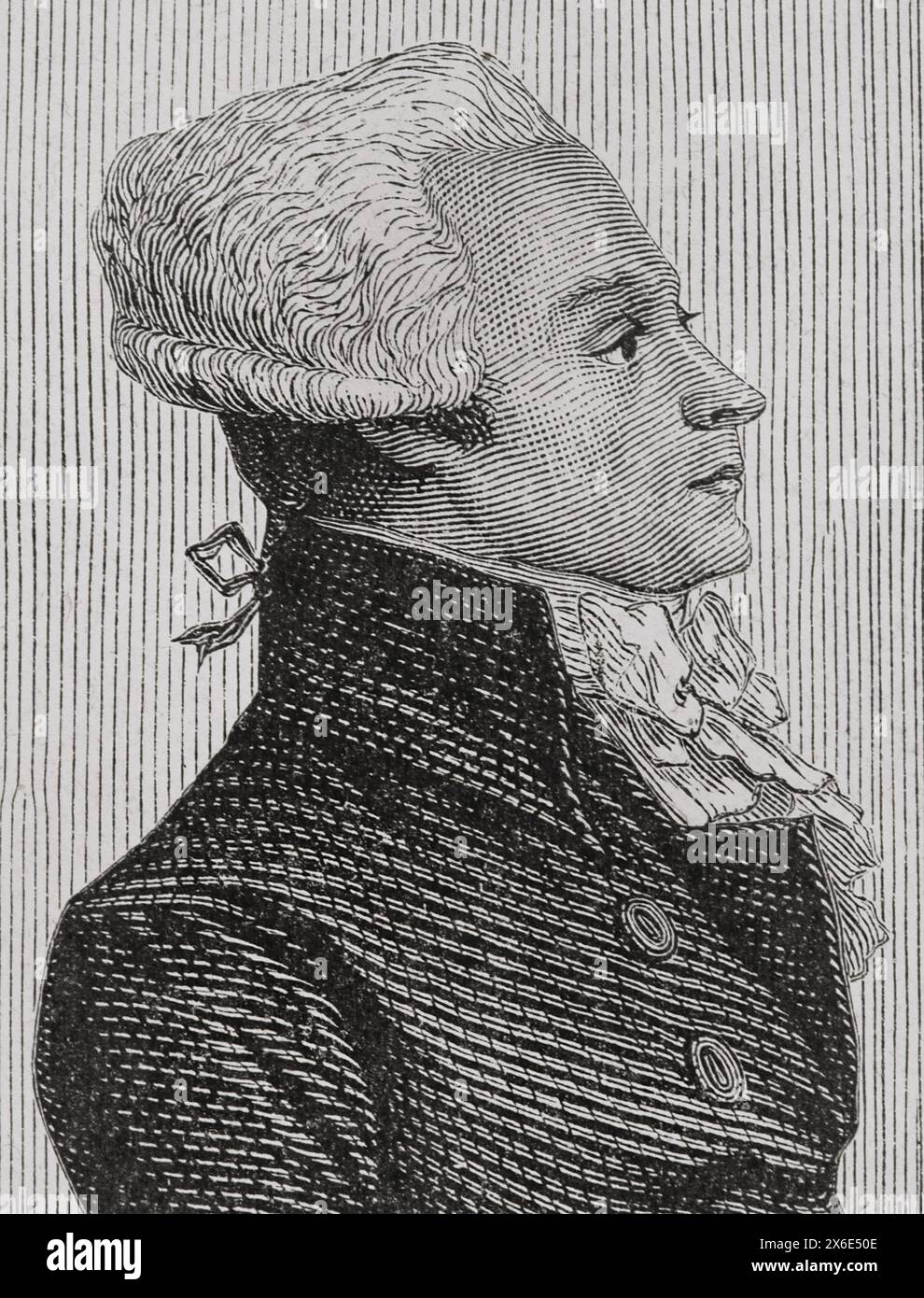Maximilien Robespierre (1758-1794). French writer, lawyer and politician. One of the leaders of the French Revolution. President of the National Convention twice, member of the Jacobins and the Committee of Public Safety. Portrait of Robespierre speaking in Convention. Drawing by E. Viollat. Engraving by Pannemaker. Detail. 'History of the French Revolution'. Volume I, 1876. Stock Photo
