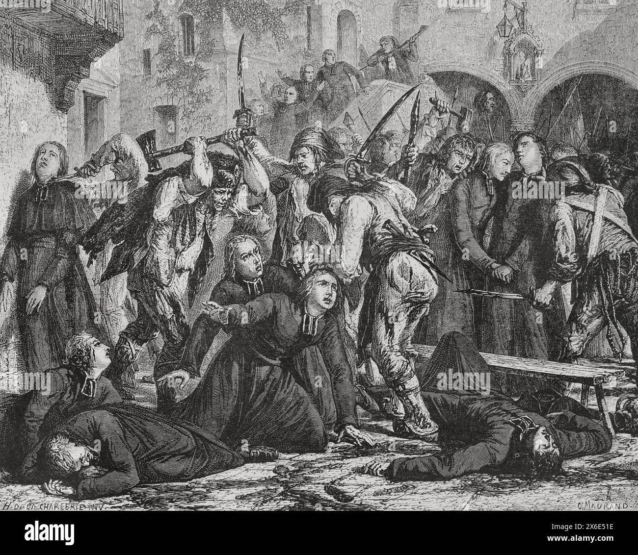 French Revolution. September Massacres (2 to 6 September 1792). The revolutionaries executed mass murders among the prison population all over France, mainly in Paris. Slaughter of clerics. Drawing by Hippolyte de la Charlerie. Engraving by Maurand. 'History of the French Revolution'. Volume I, 1876. Stock Photo