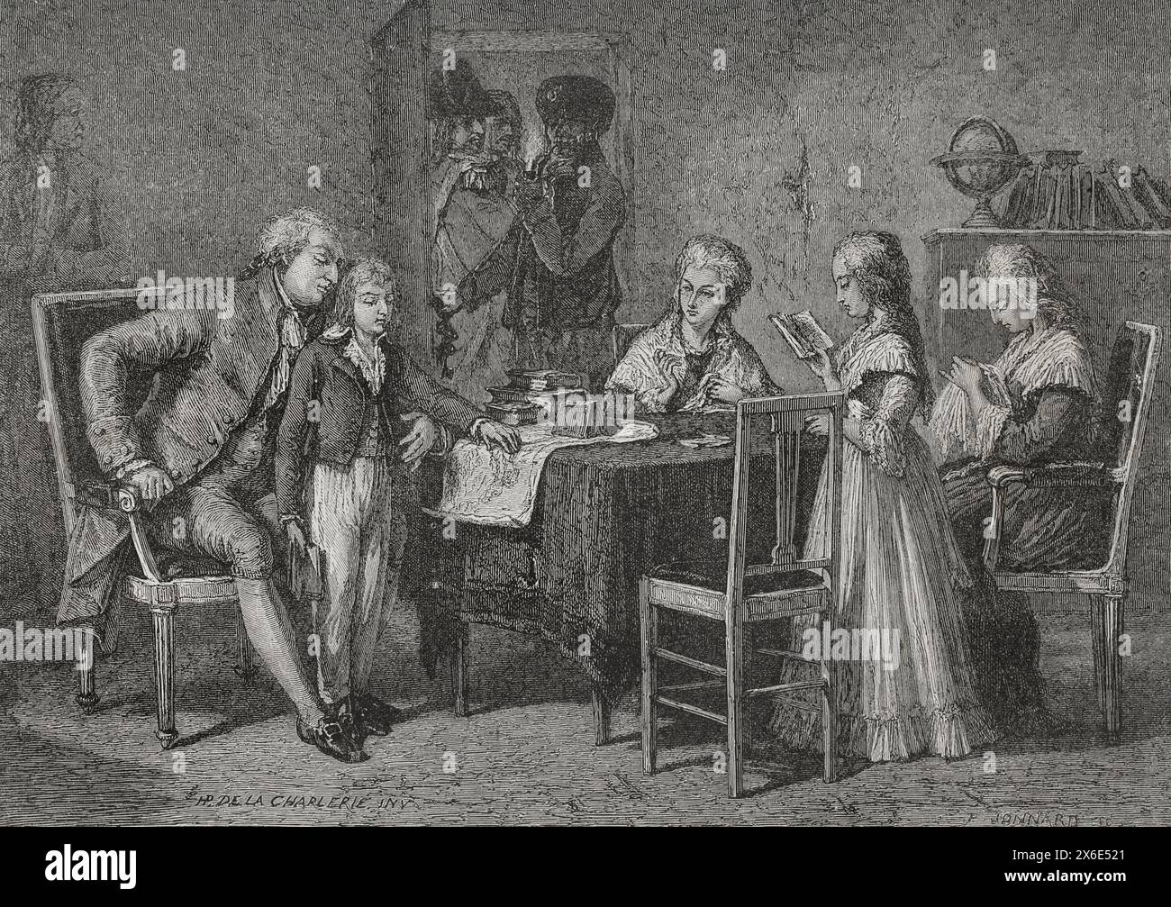 French Revolution. On 13 August 1792 King Louis XVI (1754-1793) and the royal family were taken prisoners at the Temple in Paris. Occupations of the royal family in the Temple prison. Drawing by Hippolyte de la Charlerie. Engraving by Jonnard. 'History of the French Revolution'. Volume I, 1876. Stock Photo
