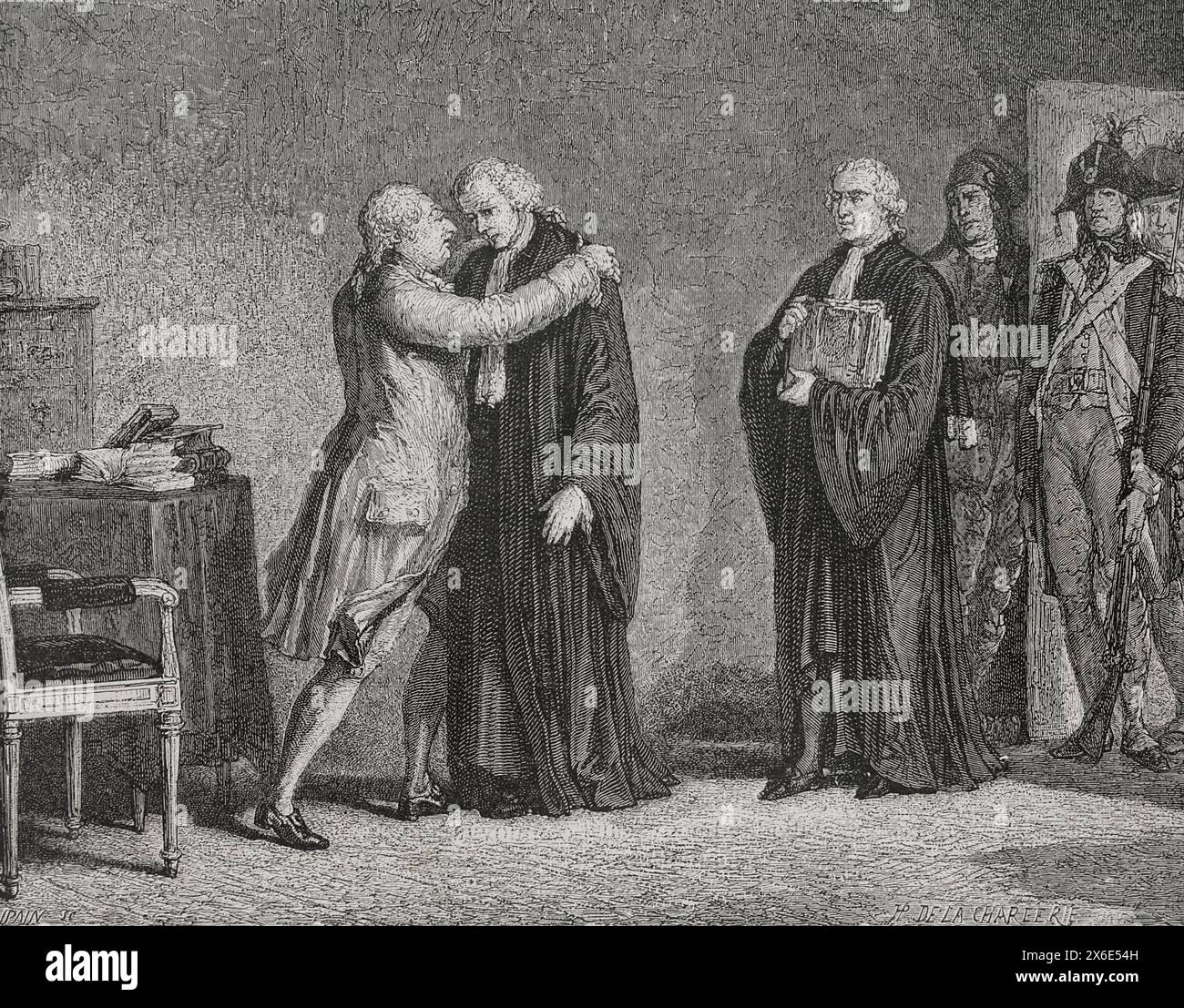 French Revolution. Judgment of King Louis XVI of France (1754-1793). Meeting of Louis XVI with his lawyer Malesherbes (1721-1794). Drawing by Hippolyte de la Charlerie. Engraving. 'History of the French Revolution'. Volume I, 1876. Stock Photo