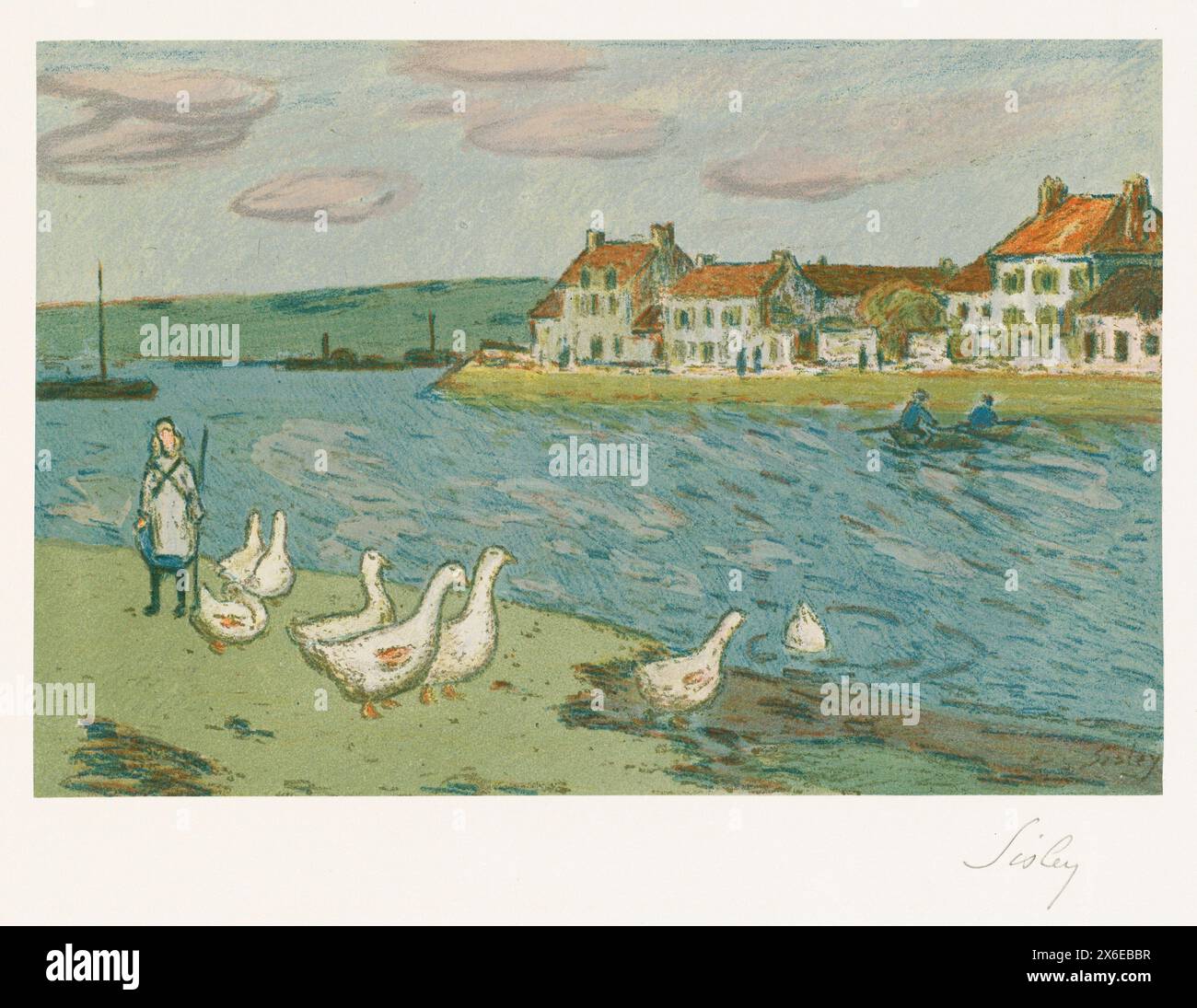 Banks of the River (Les Bords de rivière). Alfred Sisley. 1897. Color lithograph on wove paper. Stock Photo